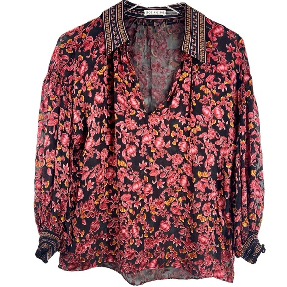 ALICE & OLIVIA Desiree Velvet Effect Blouse Textured Sheer Floral V-Neck - Picture 2 of 11